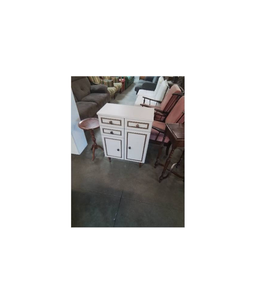 BUFFET DE CUISINE 3 TIROIRS 2 PORTES BOIS BLANC LISERÉ DORÉ 