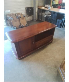 MEUBLE TV BAS BOIS 1 PORTE 1 TIROIR 1 TABLETTE VERRE STYLE LOUIS PHILIPPE 