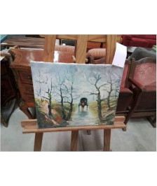 HUILE SUR TOILE CHARETTE  SUR LE CHEMIN P PORET
