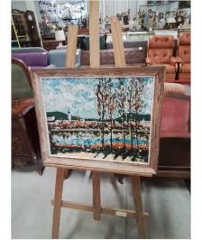 HUILE SUR TOILE PAYSAGE AUX PEUPLIERS R PACEL