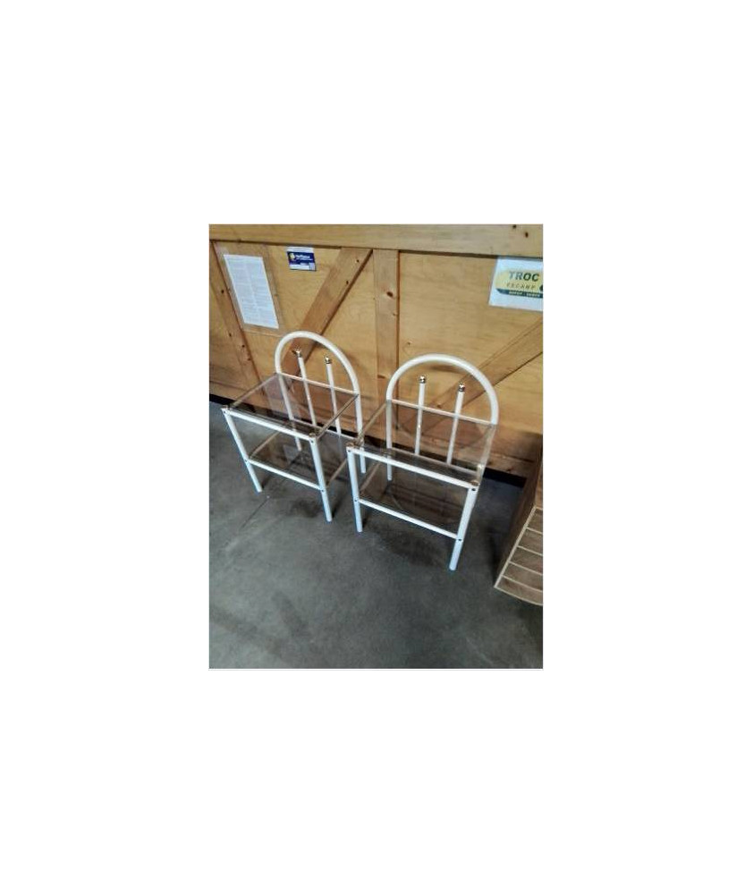CHEVET PIÈTEMENT MÉTAL BLANC 2 PLATEAUX VERRE FUMÉ 