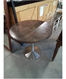 TABLE RONDE PIÈTEMENT MÉTAL CHROMÉ PLATEAU BOIS CHOCOLAT 80X78CM