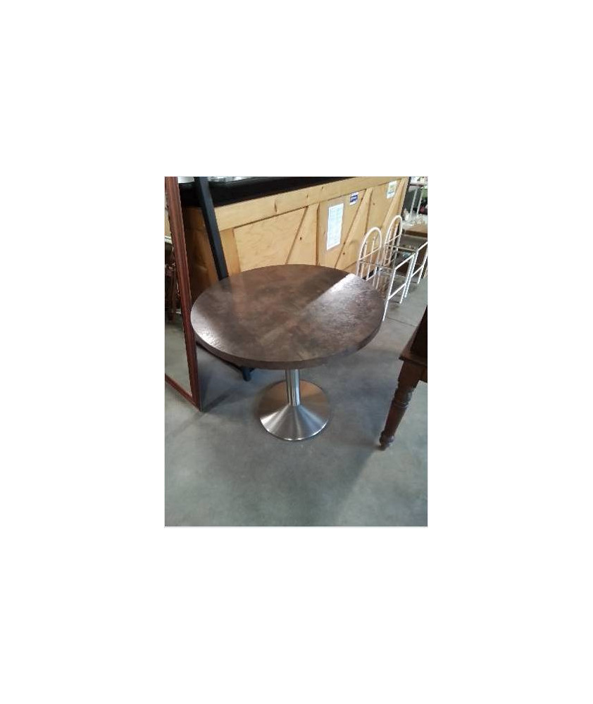 TABLE RONDE PIÈTEMENT MÉTAL CHROMÉ PLATEAU BOIS CHOCOLAT 80X78CM
