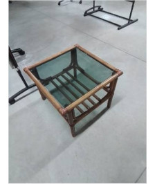 TABLE BASSE CARRÉ PIÈTEMENT ROTIN PLATEAU VERRE FUMÉ 