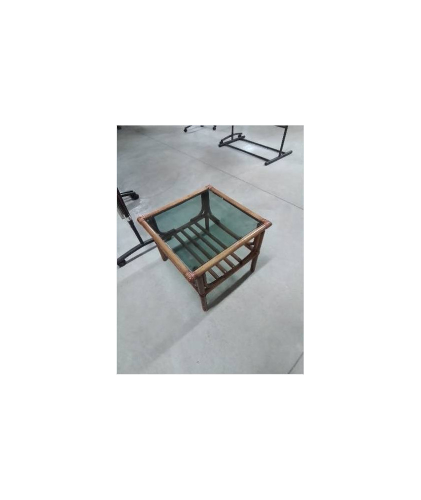 TABLE BASSE CARRÉ PIÈTEMENT ROTIN PLATEAU VERRE FUMÉ 