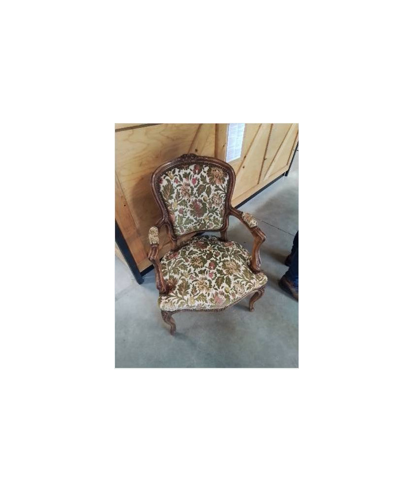 FAUTEUIL BOIS CAPITONNÉ TISSU VERT FLEURI STYLE LOUIS XVI