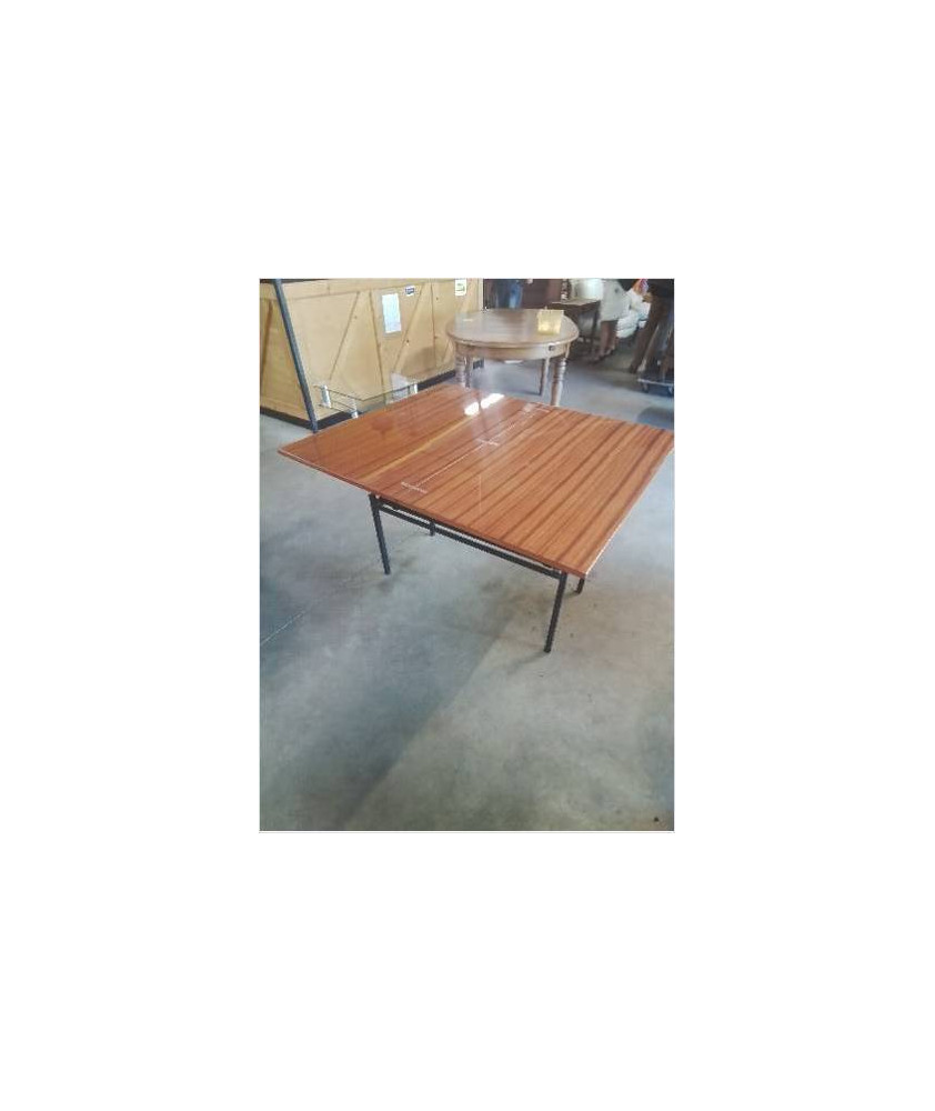 TABLE PORTE FEUILLE MONTE ET BAISSE PIÈTEMENT FER FORGÉ PLATEAU BOIS ANNÉES 60