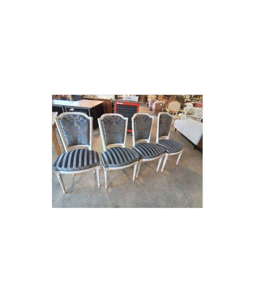 4 CHAISES STYLE LOUIS XVI BOIS PEINT GRIS VELOURS DAMASE GRIS 
