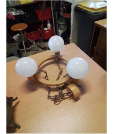 LUSTRE BOIS CLAIR 3 FEUX VERRE BLANC ANNÉES 60/70