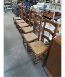 6 CHAISES BOIS CLAIR PAILLÉ A ENTRETOISE DOSSIER 3 BARREAUX STYLE RÉGENCE 