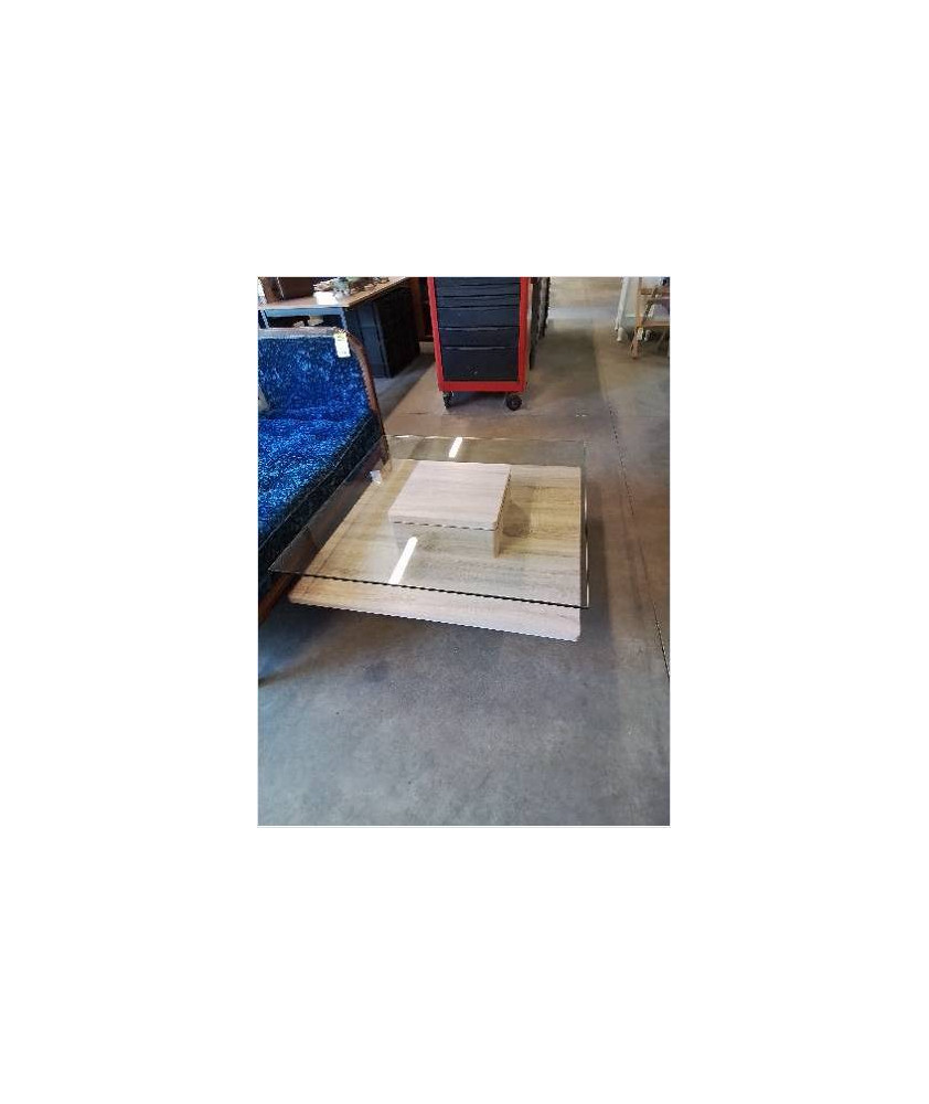TABLE BASSE CARRÉ BOIS CLAIR 1 PLATEAU VERRE