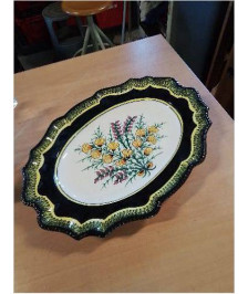 PLAT OVALE CÉRAMIQUE ECRU NOIR JAUNE AUX FLEURS HENRIOT QUIMPER 