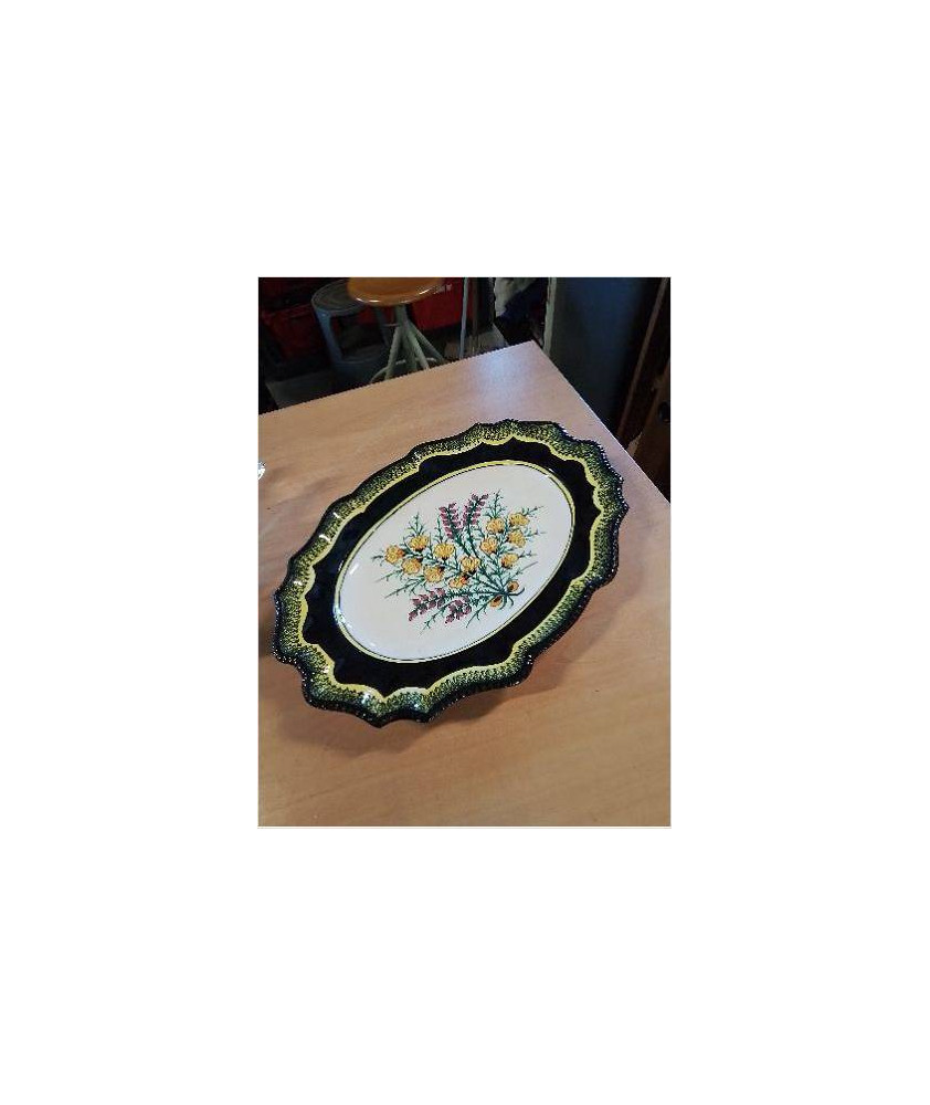 PLAT OVALE CÉRAMIQUE ECRU NOIR JAUNE AUX FLEURS HENRIOT QUIMPER 