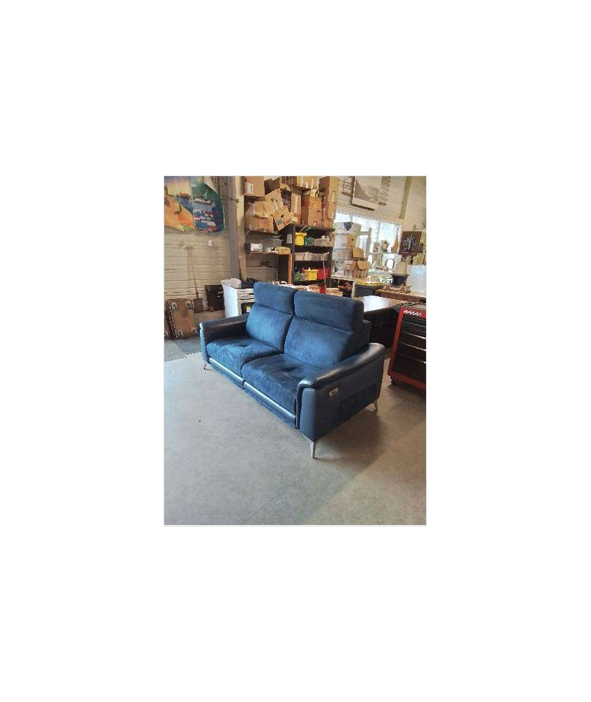 CANAPÉ 2 PLACES RELAX ÉLECTRIQUE TISSU ET CUIR BLEU PIEDS MÉTAL GRIS CANAPÉ 2 PLACES RELAX ÉLECTRIQUE TISSU ET CUIR BLEU PIEDS MÉTAL GRIS
