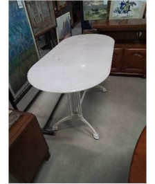 TABLE BISTROT OVALE PIÈTEMENT FER FORGÉ BLANC PLATEAU MARBRE BLANC 