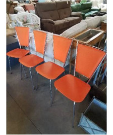 4 CHAISES PIÈTEMENT MÉTAL CHROMÉ ASSISE ET DOSSIER SKAÏ ORANGÉ SOUDEXVINYL ANNÉES 70