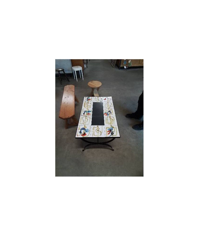 TABLE BASSE MÉTAL CARRELE AUX COQS ANNÉES 60