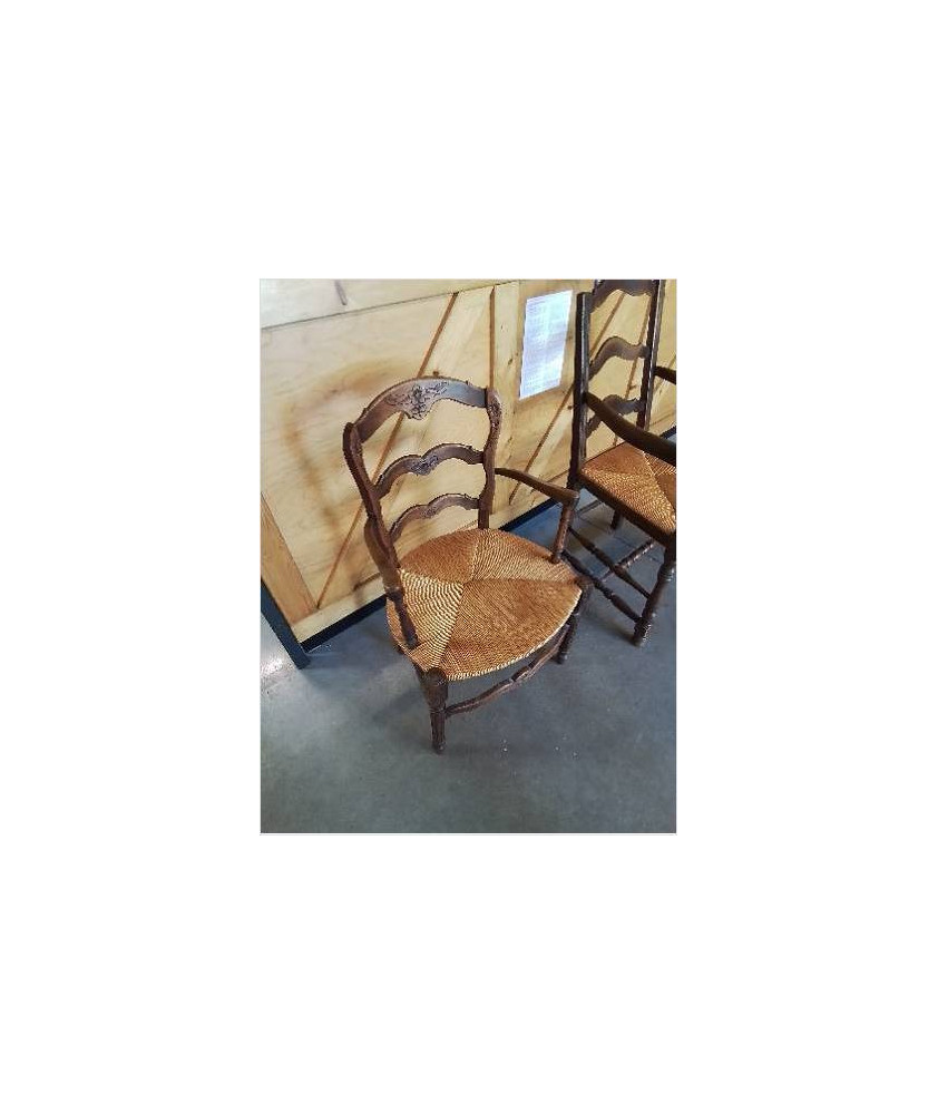 FAUTEUIL DE CHEMINÉE BOIS PAILLÉ GRAVÉ AUX FLEURS 
