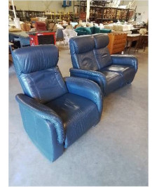 ENSEMBLE SALON 1 FAUTEUIL ET 1 CANAPÉ 2 PLACES RELAX MANUEL CUIR BLEU