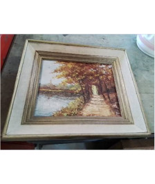 HUILE SUR PANNEAU CHEMIN FORESTIER AU BORD DE L EAU 