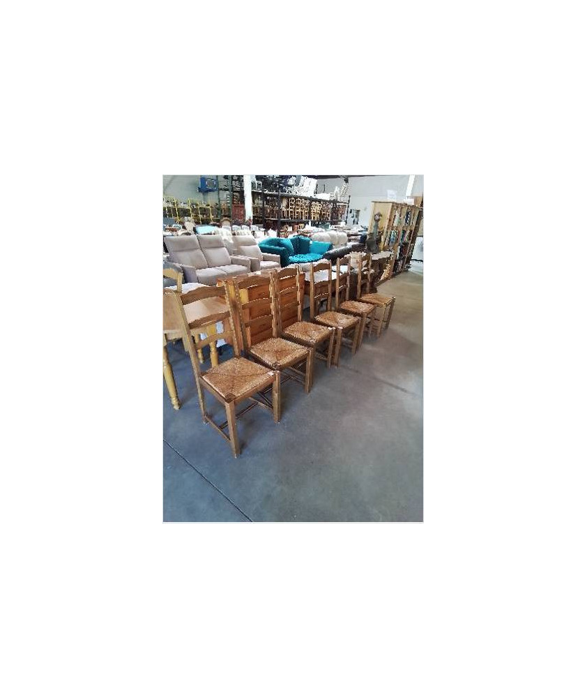 6 CHAISES BOIS PAILLÉ A ENTRETOISE DOSSIER 3 BARREAUX 