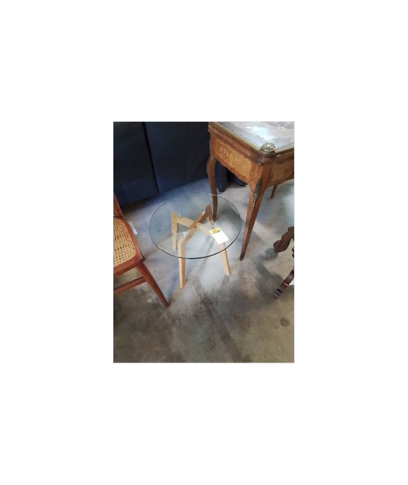 TABLE BASSE RONDE PIÈTEMENT BOIS CLAIR PLATEAU VERRE