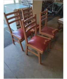 4 CHAISES BOIS PEINT CHOCOLAT ASSISE SKAÏ ROUGE ANNÉES 50