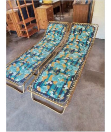 LIT DE CAMP PLIANT MÉTAL DORÉ TISSU BLEU FLEURI ANNÉES 70
