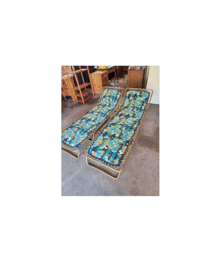 LIT DE CAMP PLIANT MÉTAL DORÉ TISSU BLEU FLEURI ANNÉES 70