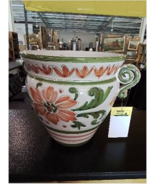 CACHE POT CÉRAMIQUE ECRU VERT AUX FLEURS 2 ANSES