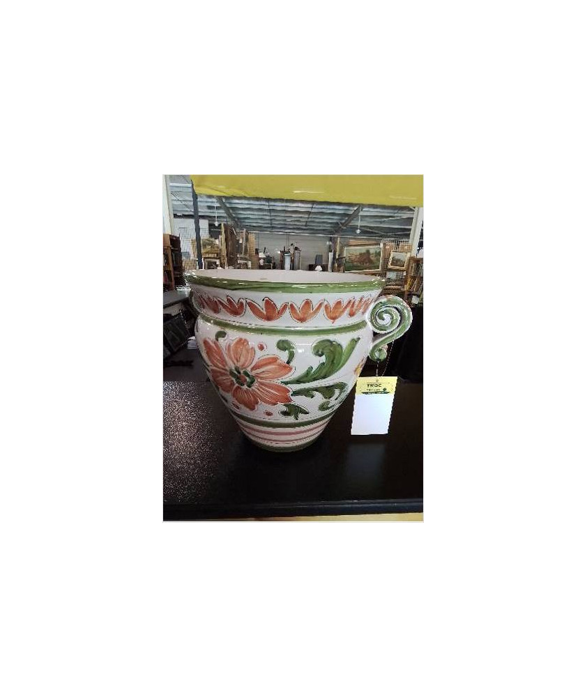 CACHE POT CÉRAMIQUE ECRU VERT AUX FLEURS 2 ANSES