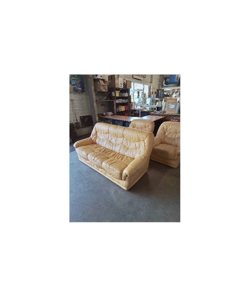 SALON 3 PIÈCES CANAPÉ + 2 FAUTEUILS CUIR ET PU JAUNE