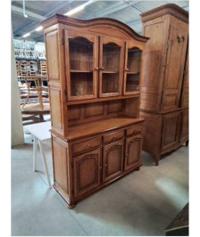 BUFFET 2 CORPS PIN MOULURÉ 3 PORTES VITRÉES 3 TIROIRS 3 PORTES
