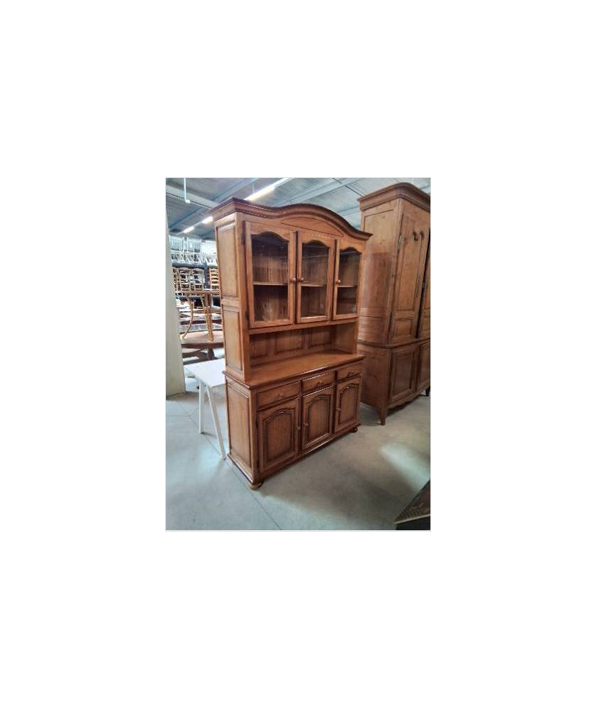 BUFFET 2 CORPS PIN MOULURÉ 3 PORTES VITRÉES 3 TIROIRS 3 PORTES