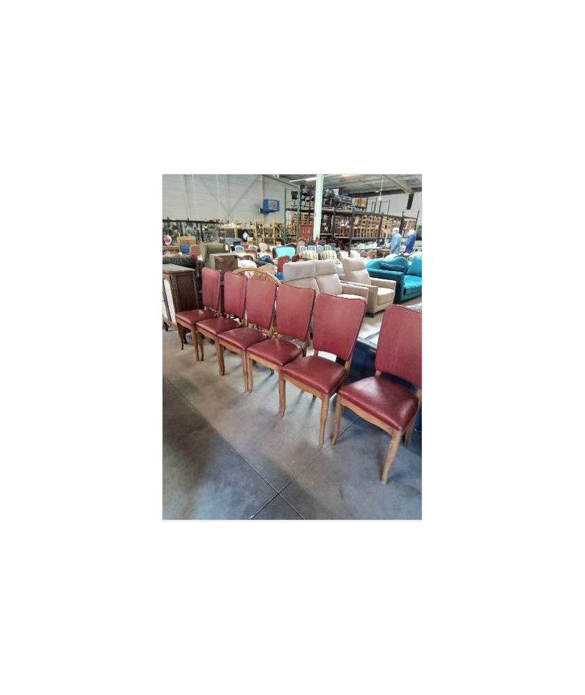 6 CHAISES BOIS CLAIR ASSISE ET DOSSIER SKAÏ GRENAT ANNÉES 50