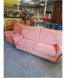 CANAPÉ ET  FAUTEUIL BOIS CLAIR     TISSU ORANGÉ
