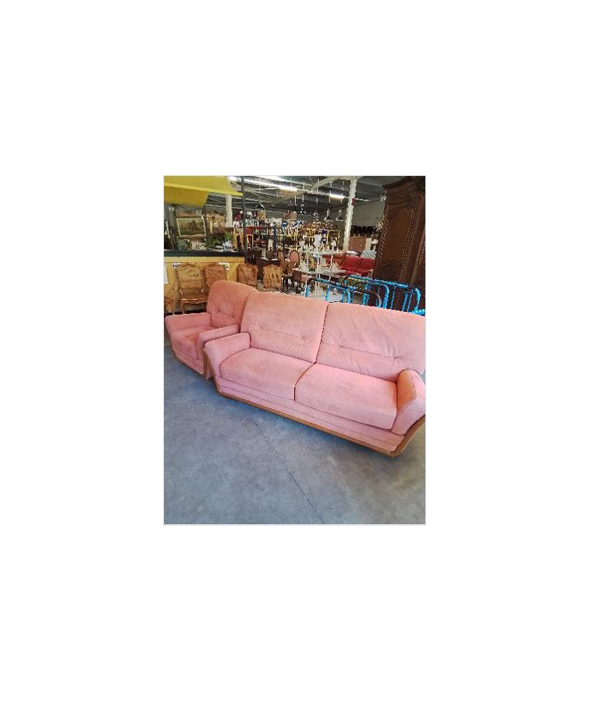 CANAPÉ ET  FAUTEUIL BOIS CLAIR     TISSU ORANGÉ