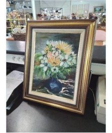HUILE SUR TOILE BOUQUET AU VASE BLEU O.DANILO CADRE MOULURÉ DORÉ 