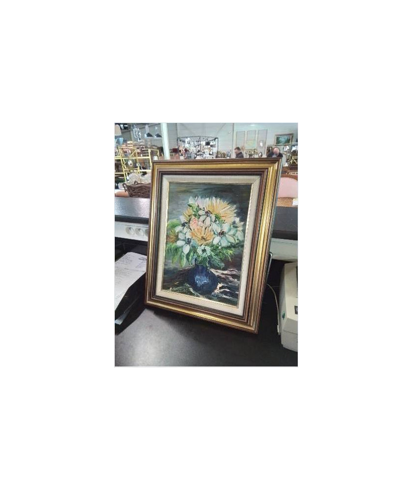 HUILE SUR TOILE BOUQUET AU VASE BLEU O.DANILO CADRE MOULURÉ DORÉ 