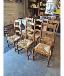 6 CHAISES A ENTRETOISE BOIS CLAIR PAILLÉ DOSSIER 3 BARREAUX PIEDS BALUSTRE