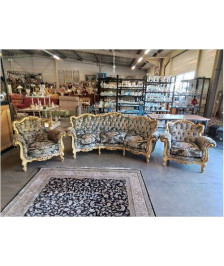 SALON 3 PIECES STYLE LOUIS XV BOIS DORÉ VELOURS DAMASSE
