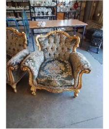 SALON 3 PIECES STYLE LOUIS XV BOIS DORÉ VELOURS DAMASSE