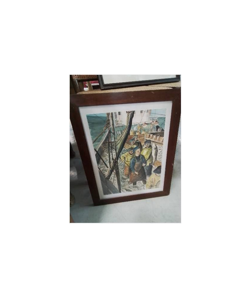 AQUARELLE PÊCHEURS SUR LE PONT 37X27,5CM