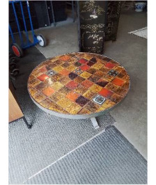 TABLE BASSE RONDE PIÈTEMENT FER FORGÉ  CARRELÉ LA ROUE VALLAURIS  ANNÉES 50/60