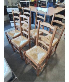 6 CHAISES A ENTRETOISE BOIS CLAIR PAILLÉ DOSSIER 4 BARREAUX PIEDS BALUSTRE 