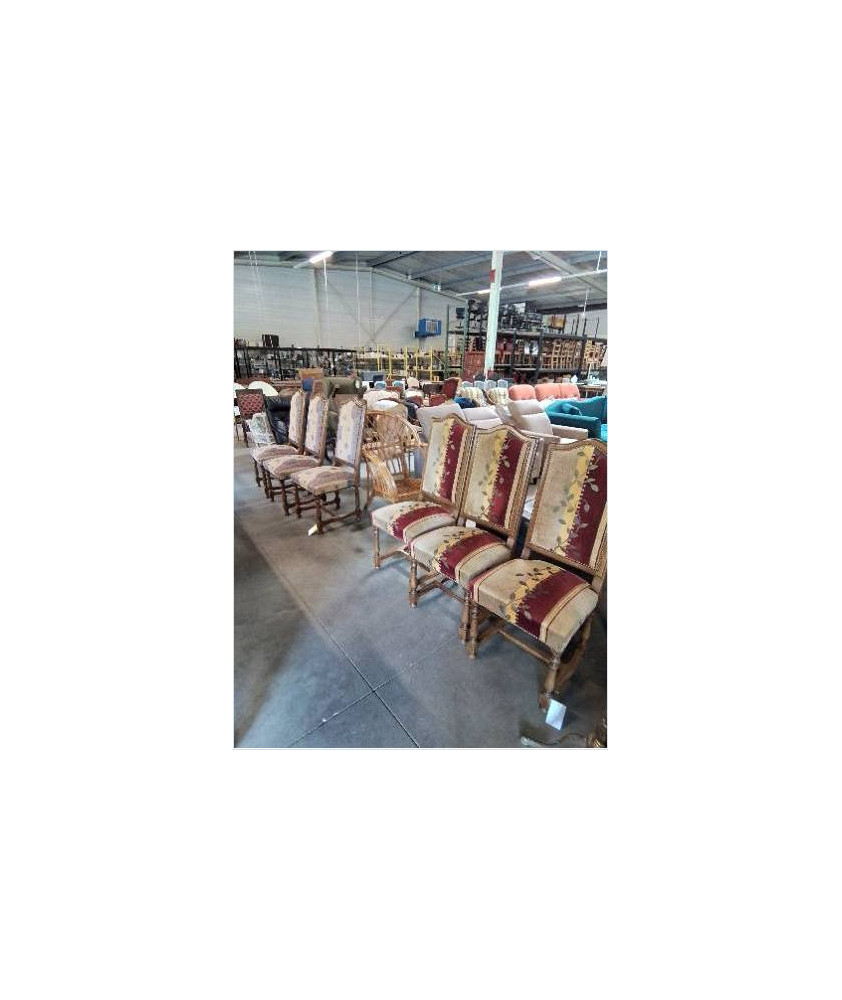 6 CHAISES BOIS CLAIR CINTRÉ A ENTRETOISE TISSU JAUNE ROUGE AUX BLASONS ET TISSU FLEURI 6 CHAISES BOIS CLAIR CINTRÉ A ENTRETOISE TISSU JAUNE ROUGE AUX BLASONS ET TISSU FLEURI