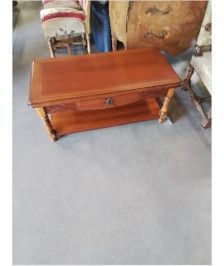 TABLE BASSE RECTANGULAIRE BOIS CLAIR A COLONNES 2 NIVEAUX 1 TIROIR 2 TABLETTES 