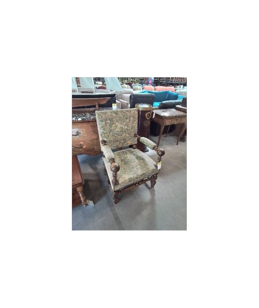 FAUTEUIL STYLE LOUIS XIII TISSU VERT FLEURI 