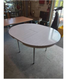 TABLE RONDE FORMICA BLANC A RALLONGES PAPILLON PIEDS MÉTAL CHROMÉ ANNÉES 70 100X74,5CM