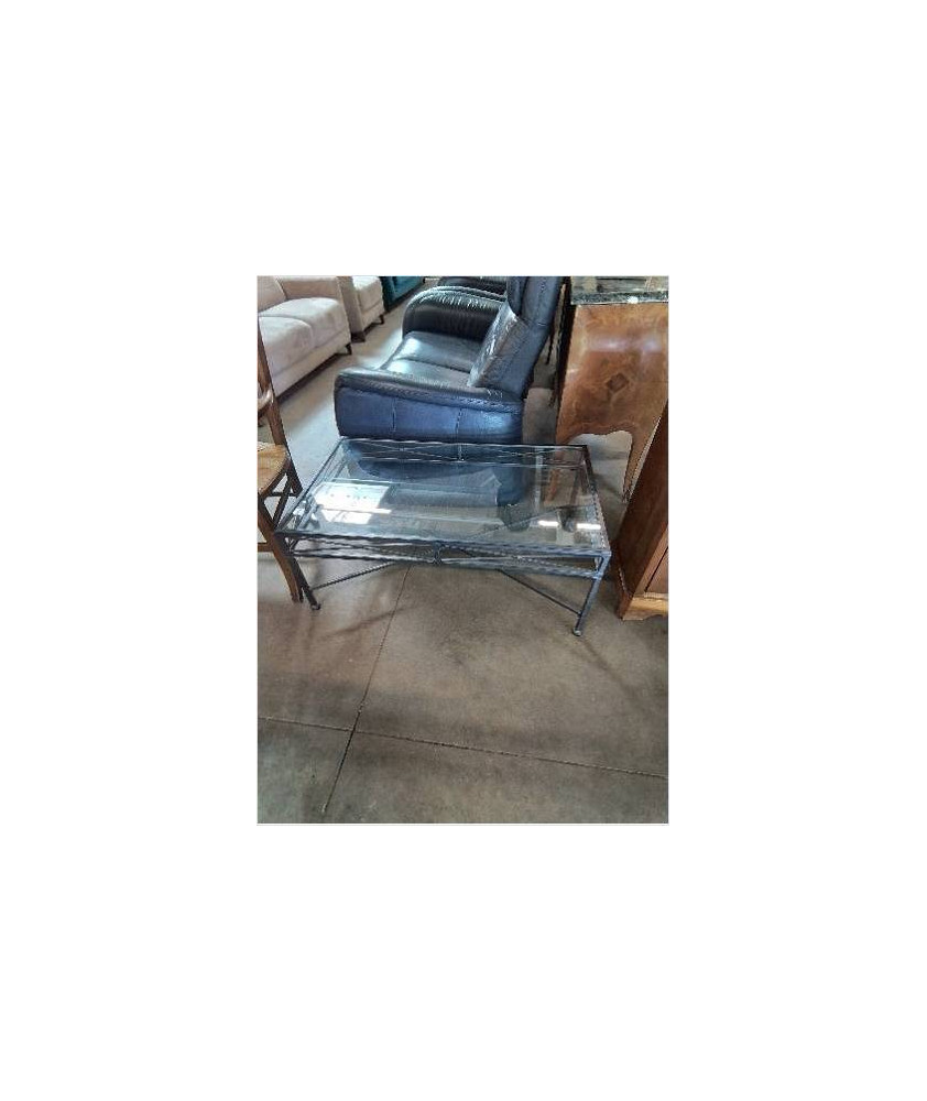 TABLE BASSE RECTANGULAIRE PIÈTEMENT MÉTAL GRIS PLATEAU VERRE